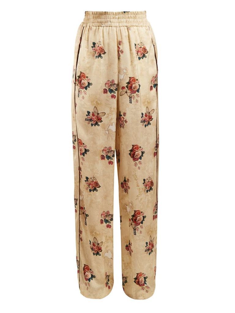 Floral-print wide-leg satin trousers