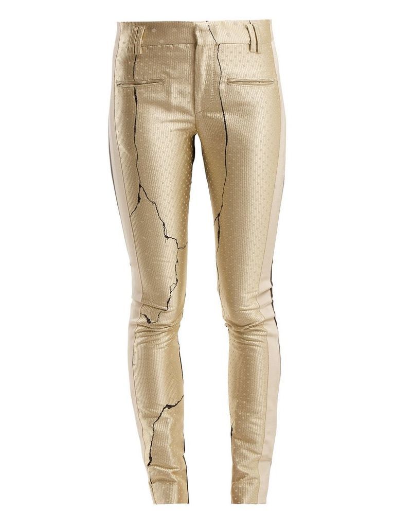 Haider Ackermann - Mid Rise Jacquard And Leather Trousers - Womens - Gold