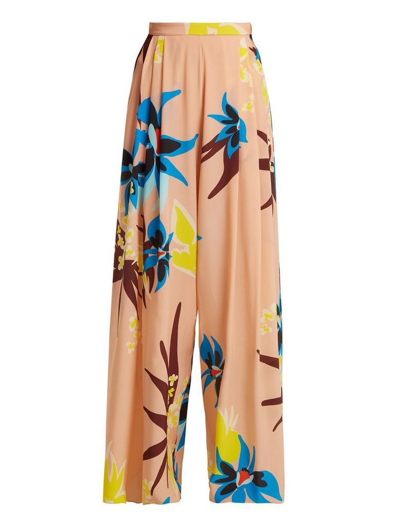 Delpozo - Wide Leg Hibiscus Print Silk Trousers - Womens - Beige Print