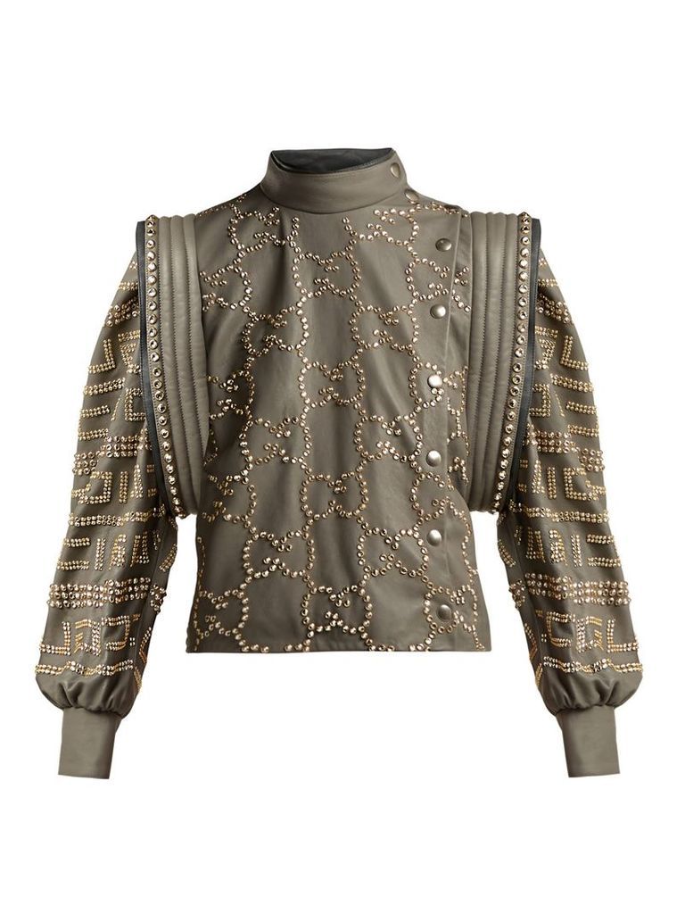 Gucci - Crystal Embellished Leather Jacket - Womens - Grey Multi