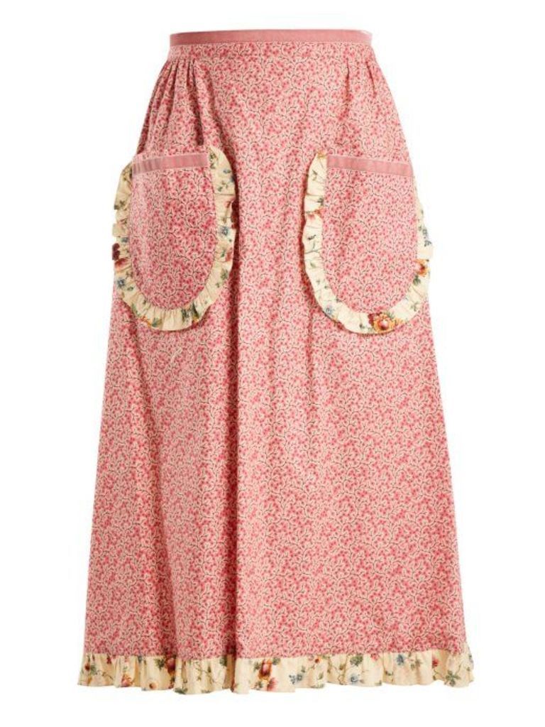 Batsheva - Vine Print Ruffled Cotton Skirt - Womens - Pink Multi