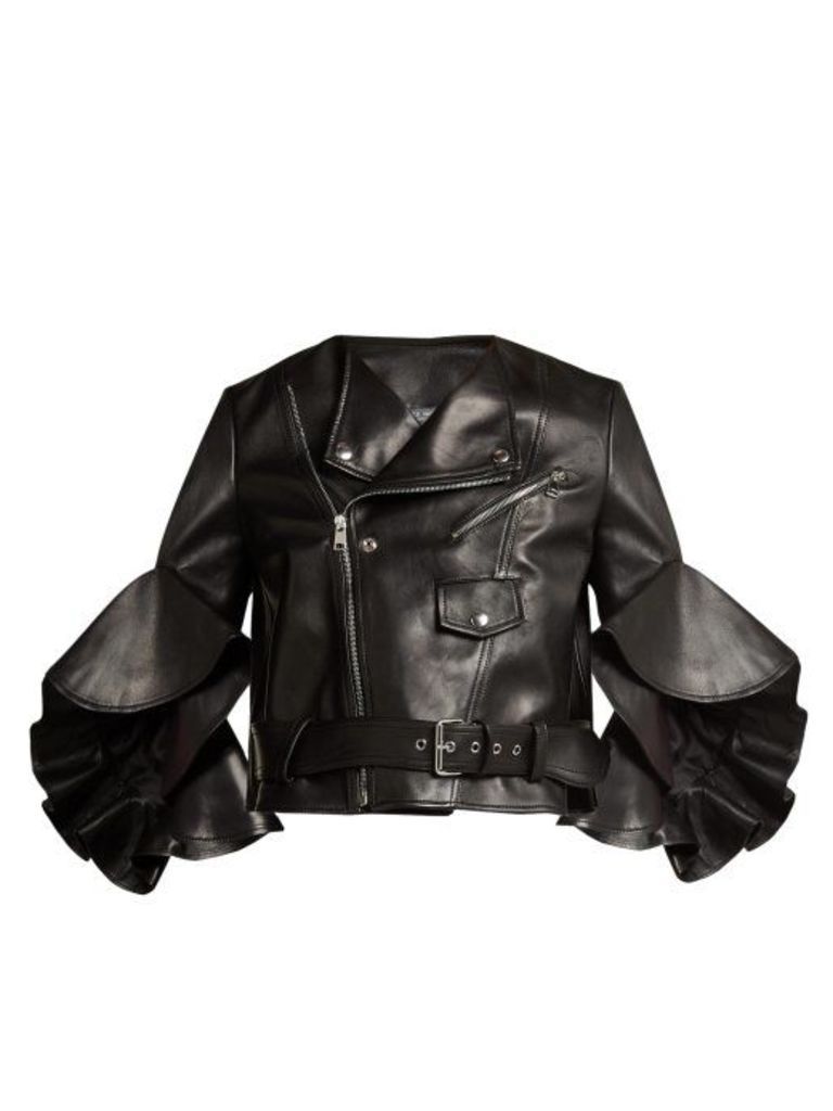 Alexander Mcqueen - Ruffled Cropped Leather Jacket - Womens - Black