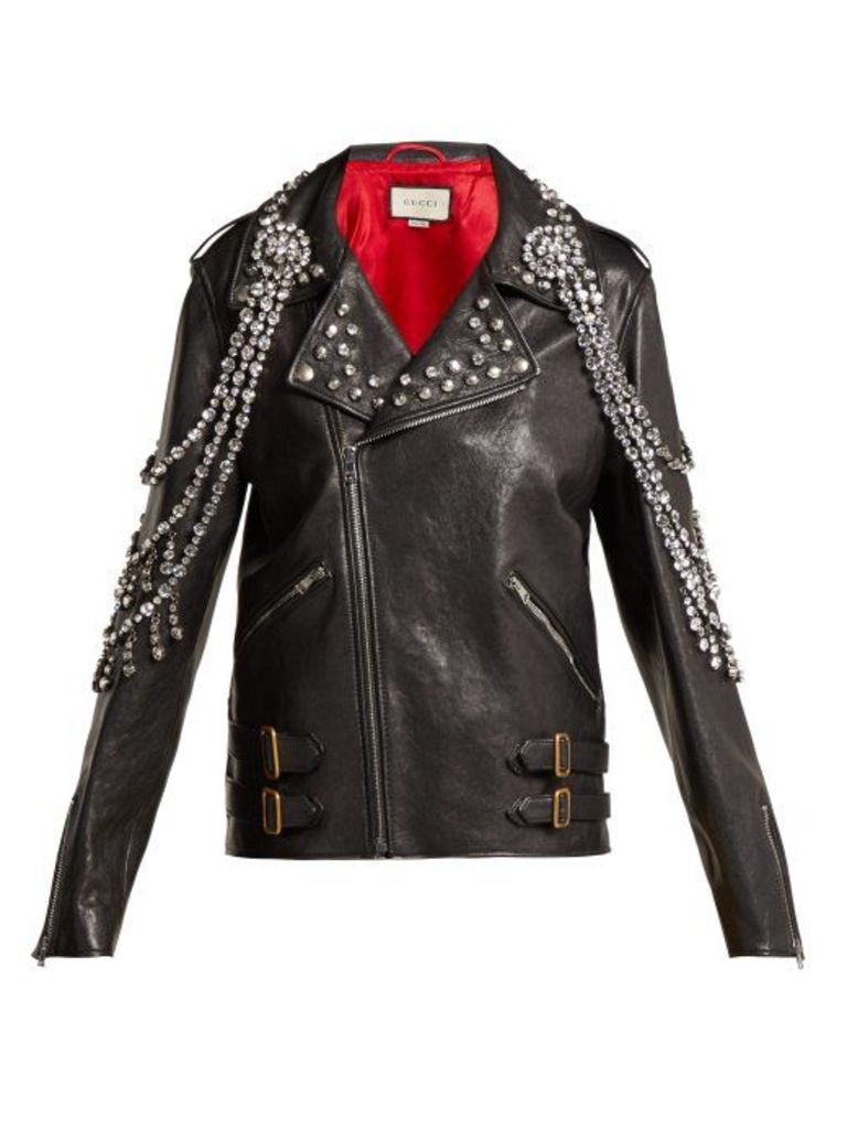 Gucci - Yankees Crystal Embellished Leather Biker Jacket - Womens - Black Multi