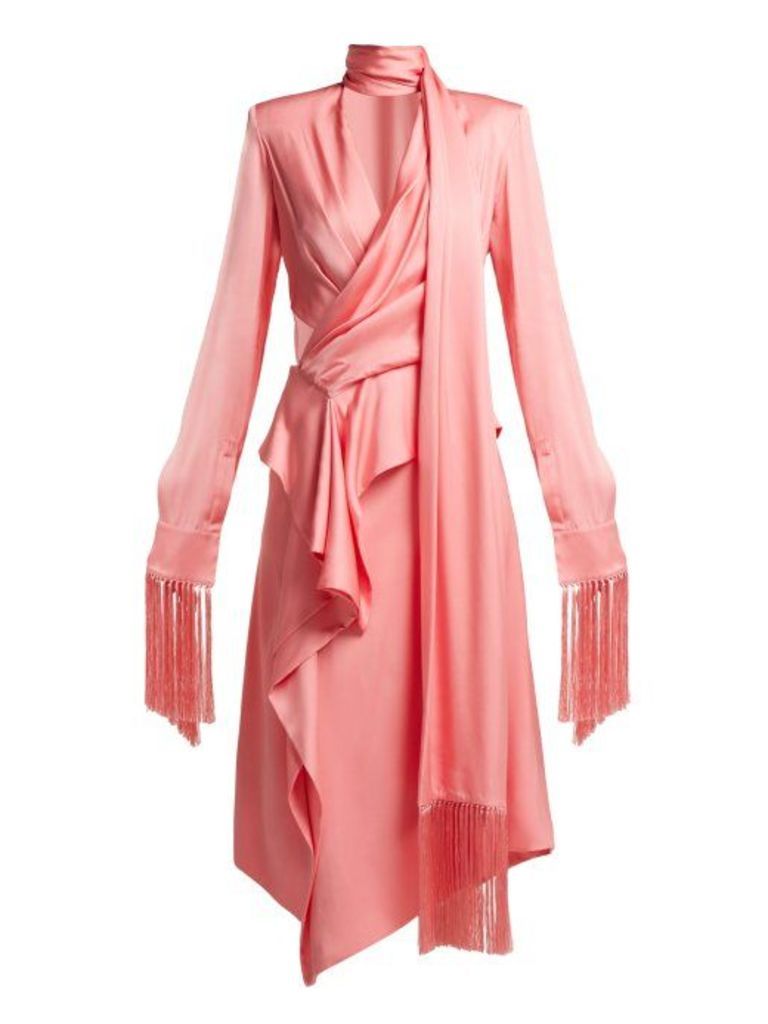 Alexander Mcqueen - Fringe Trimmed Silk Satin Midi Dress - Womens - Pink