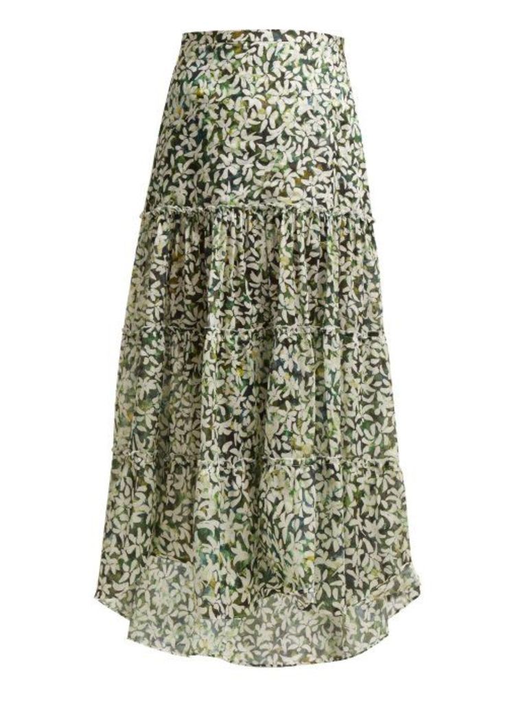 On The Island - Kaupoa Tiered Floral Print Cotton Midi Skirt - Womens - Green Print