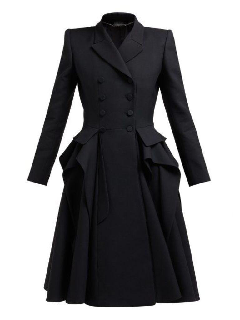 Alexander Mcqueen - Ruffle Double Breasted Wool And Silk Blend Coat - Womens - Black