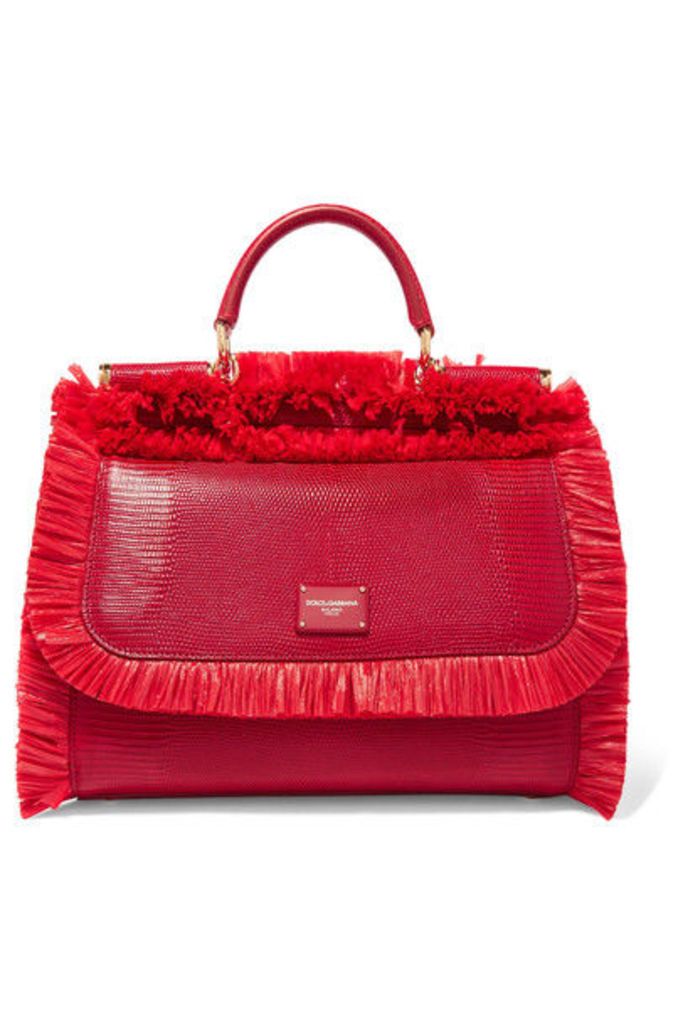 Dolce & Gabbana - Sicily Medium Raffia-trimmed Lizard-effect Leather Tote - Red