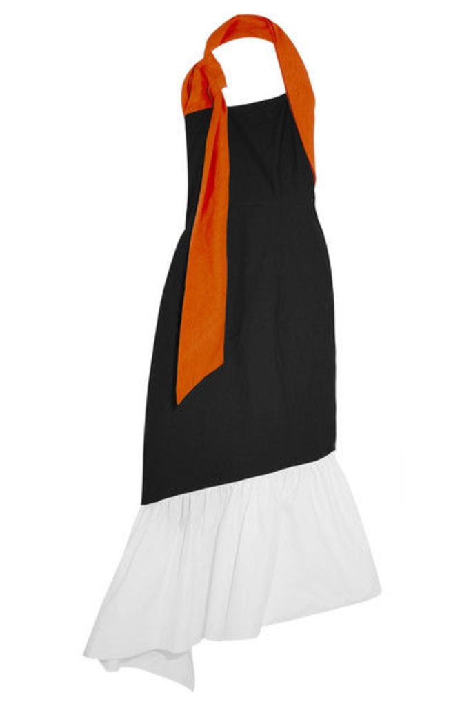 Isa Arfen - Asymmetric Linen-trimmed Color-block Cotton-blend Dress - Black