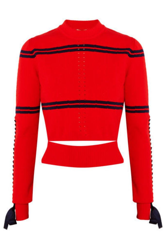 Fendi - Cutout Faille-trimmed Striped Pointelle-knit Sweater - Red