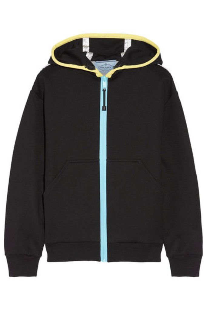 Prada - Leather-trimmed Cotton-blend Jersey Hooded Top - Black