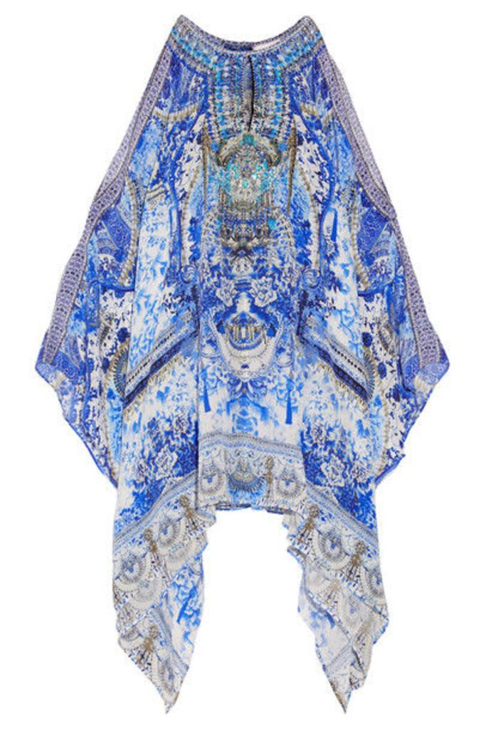 Camilla - Chinese Whispers Embellished Printed Silk Crepe De Chine Kaftan - Blue