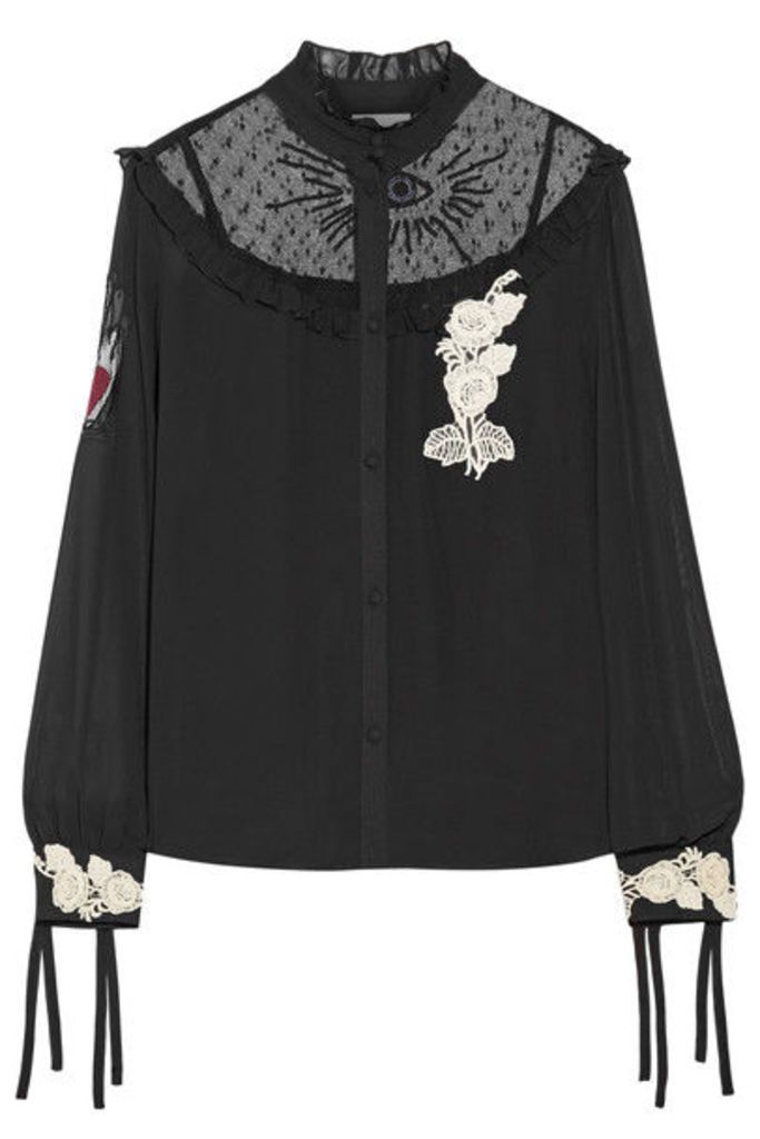 REDValentino - Embroidered Point D'esprit-paneled Appliqued Chiffon Blouse - Black