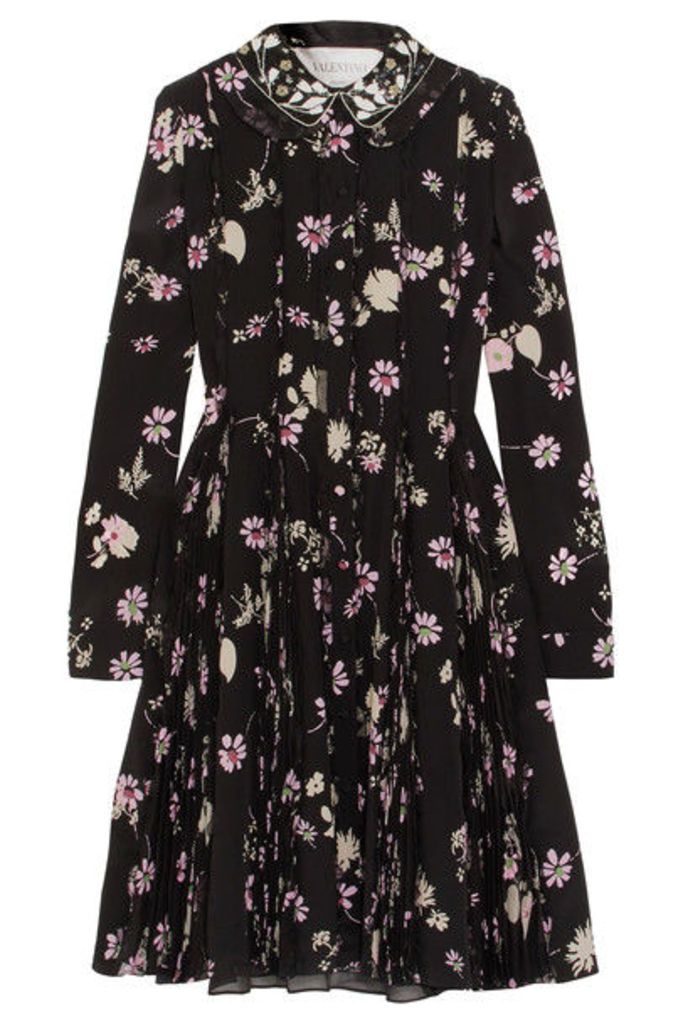Valentino - Embellished Floral-print Silk Crepe De Chine Dress - Black