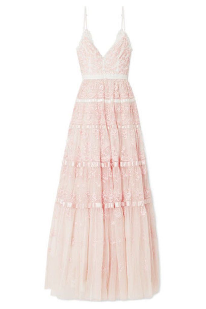 Needle & Thread - Satin-trimmed Embroidered Tulle Gown - Pastel pink