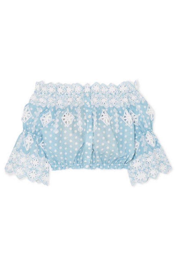 Miguelina - Renee Off-the-shoulder Broderie Anglaise-trimmed Polka-dot Cotton Top - Light blue