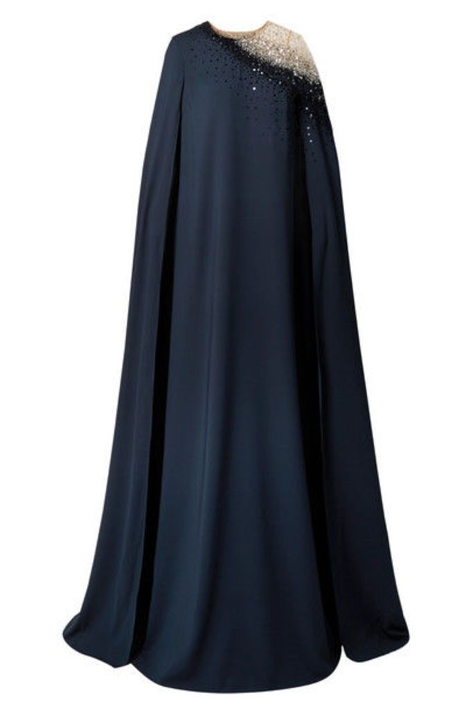 Oscar de la Renta - Cape-effect Embellished Tulle And Silk-blend Gown - Navy