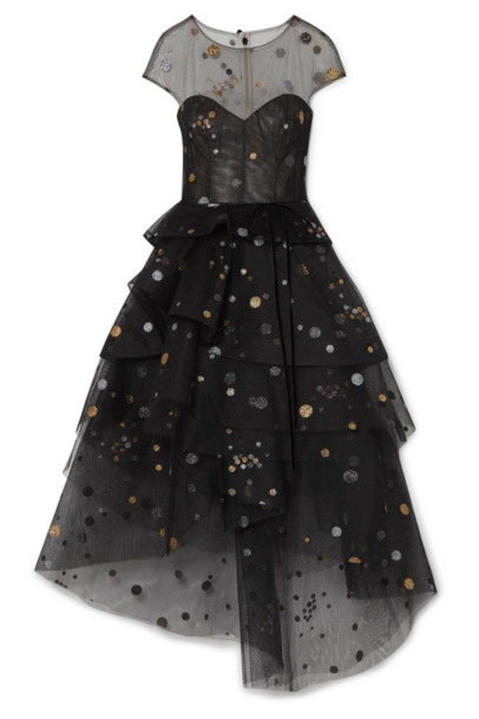 Monique Lhuillier - Asymmetric Tiered Glittered Tulle Midi Dress - Black