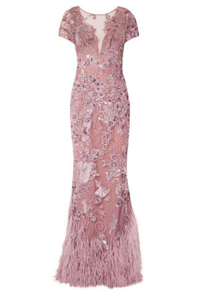 Zuhair Murad - Feather-trimmed Embellished Silk-blend Tulle Gown - Antique rose