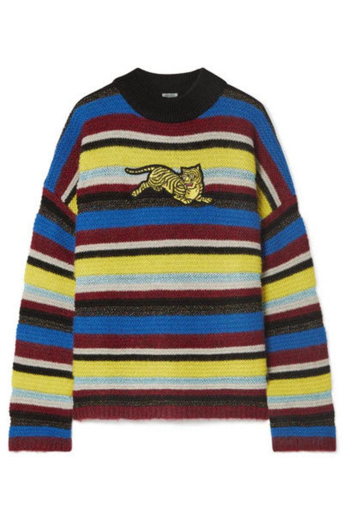 KENZO - Jumping Tiger Appliquéd Striped Wool-blend Sweater - Burgundy