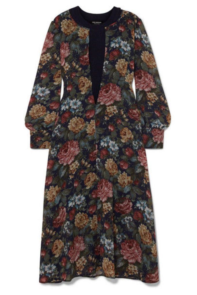 Junya Watanabe - Layered Ribbed Wool And Floral-print Chiffon Midi Dress - Navy