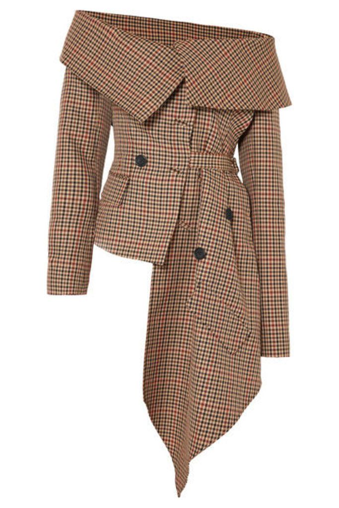 Monse - Off-the-shoulder Asymmetric Draped Checked Wool-blend Jacket - Brown