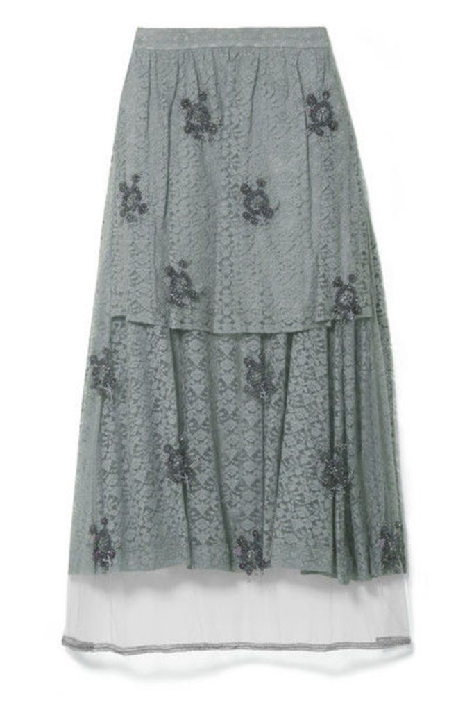 Stella McCartney - Embroidered Tulle-paneled Corded Lace Midi Skirt - Gray