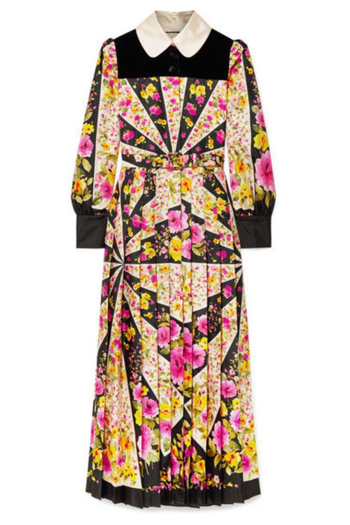 Gucci - Velvet-trimmed Pleated Floral-print Silk-twill Maxi Dress - Pink