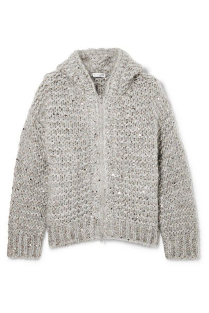 Brunello Cucinelli - Hooded Sequin-embellished Mohair-blend Cardigan - Gray