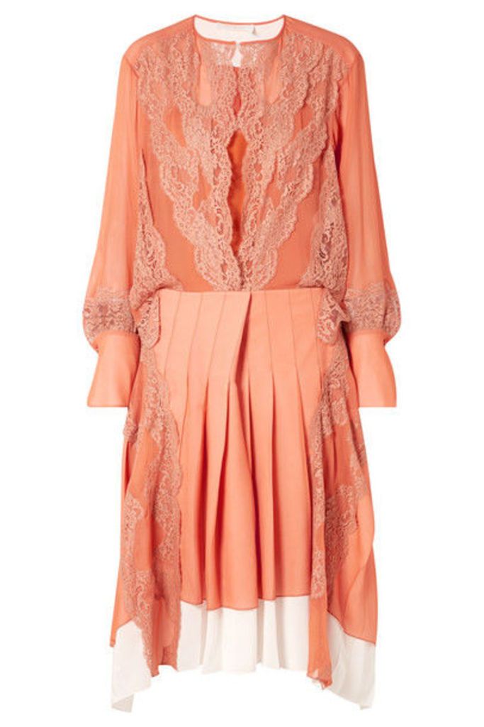 Chloé - Lace-trimmed Mousseline And Pleated Crepe Midi Dress - Orange