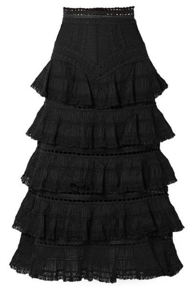 Zimmermann - Juniper Lace-trimmed Tiered Pintucked Cotton-voile Midi Skirt - Black