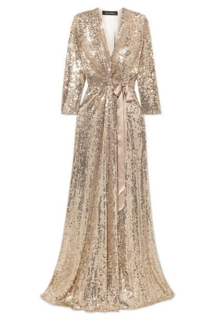Jenny Packham - Satin-trimmed Sequined Silk-chiffon Wrap Gown - Gold
