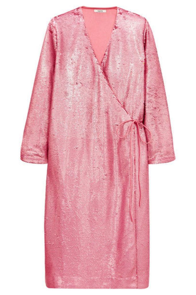 GANNI - Sequined Satin Wrap Dress - Pink
