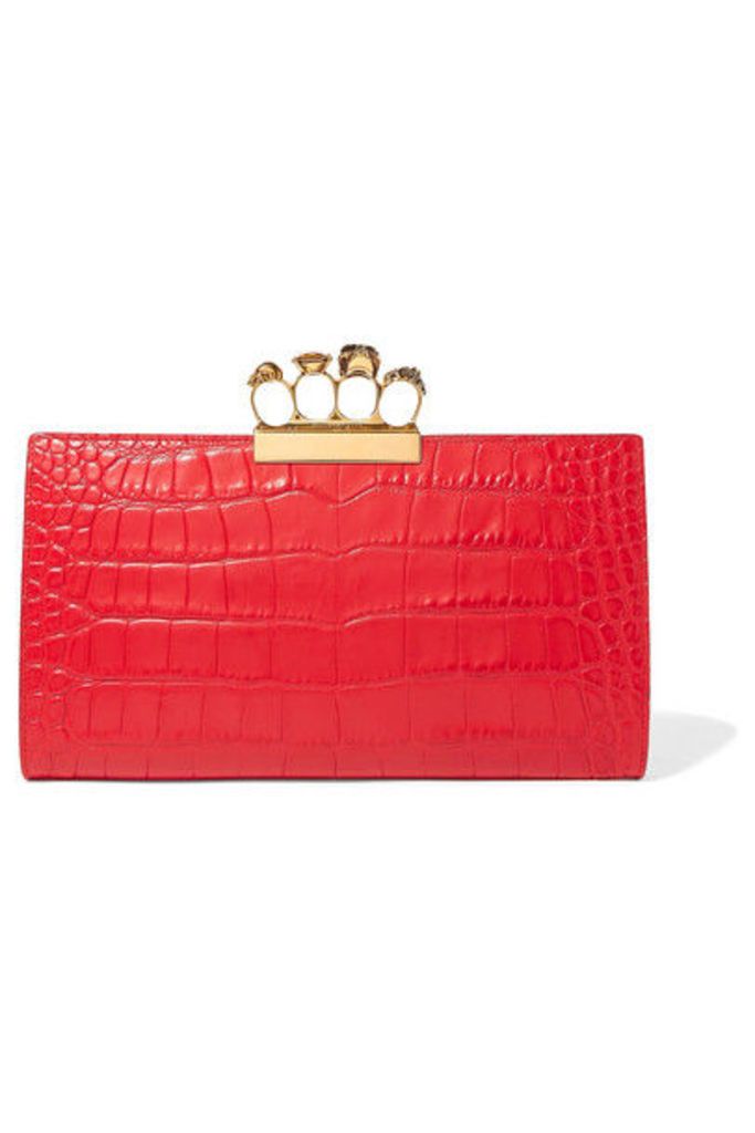 Alexander McQueen - Knuckle Embellished Croc-effect Leather Clutch - Red