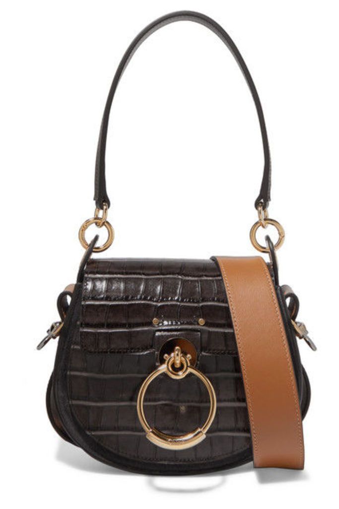 Chloé - Tess Small Croc-effect Leather And Suede Shoulder Bag - Dark brown