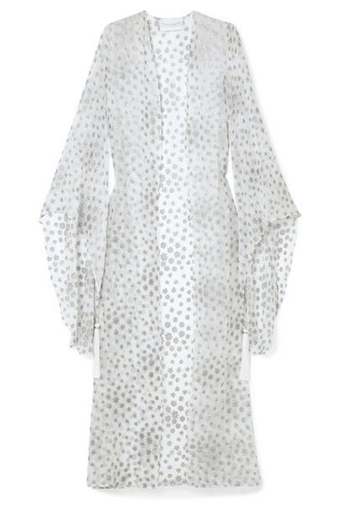 Marie France Van Damme - Tasseled Metallic Fil Coupé Silk-blend Chiffon Kimono - White