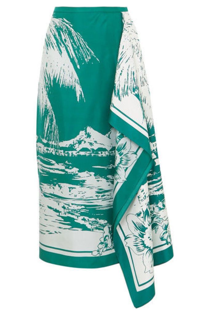 Tibi - Leilani Draped Printed Silk-twill Midi Skirt - Emerald