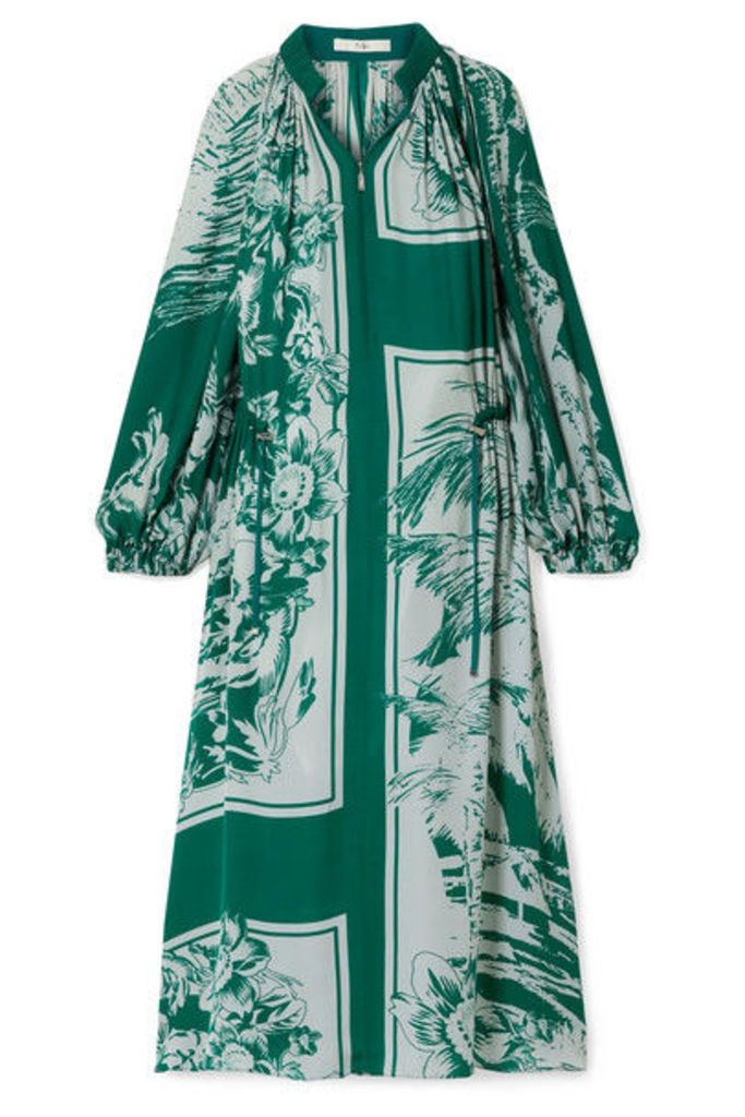 Tibi - Leilani Oversized Printed Silk Midi Dress - Emerald
