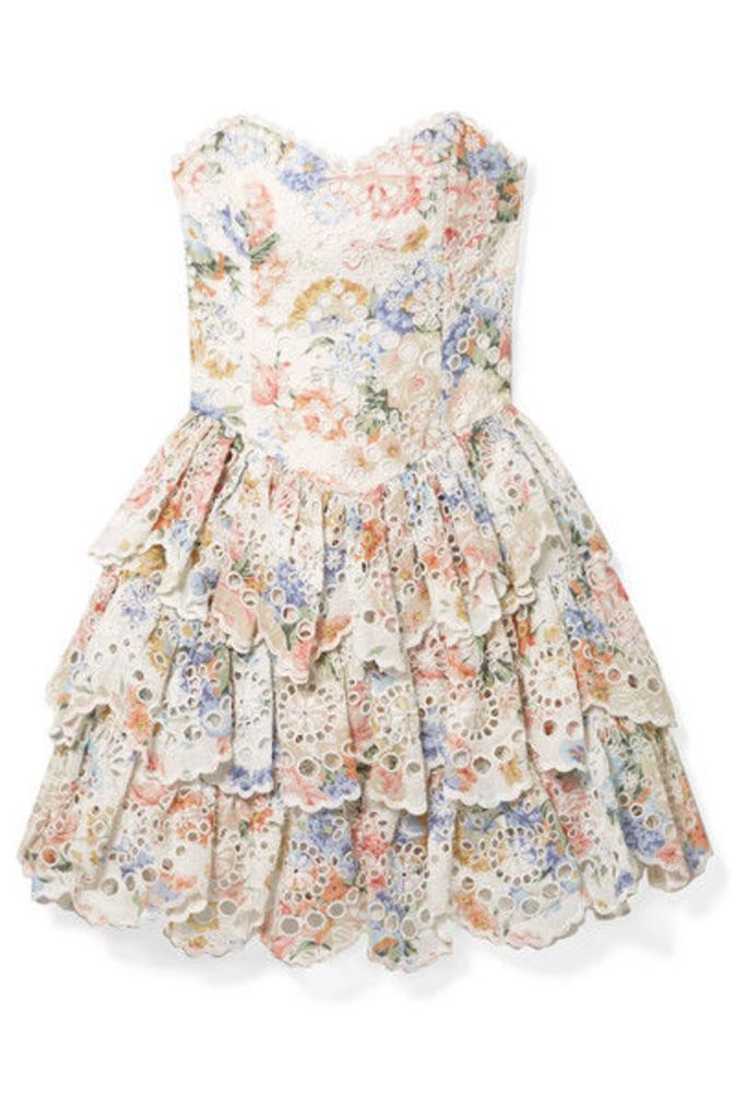 Zimmermann - Bowie Ruffle Strapless Floral-print Broderie Anglaise Linen Mini Dress - Cream