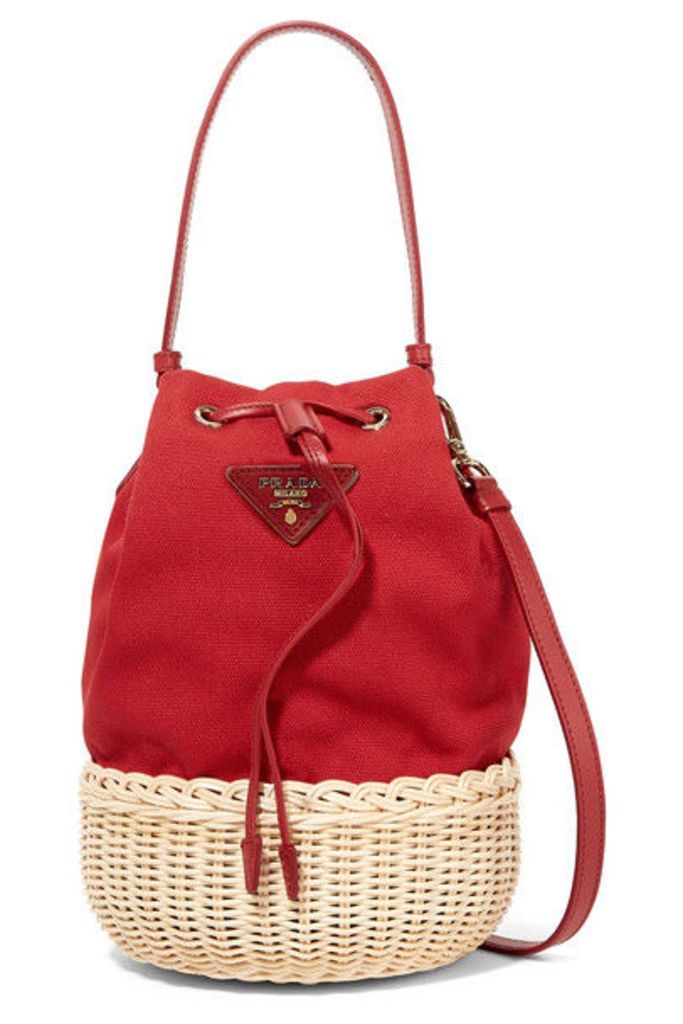 Prada - Giardiniera Leather-trimmed Canvas And Wicker Shoulder Bag - Red