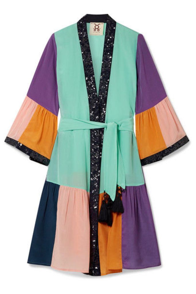 Figue - Nisha Sequin-embellished Color-block Silk Crepe De Chine Kimono - Turquoise
