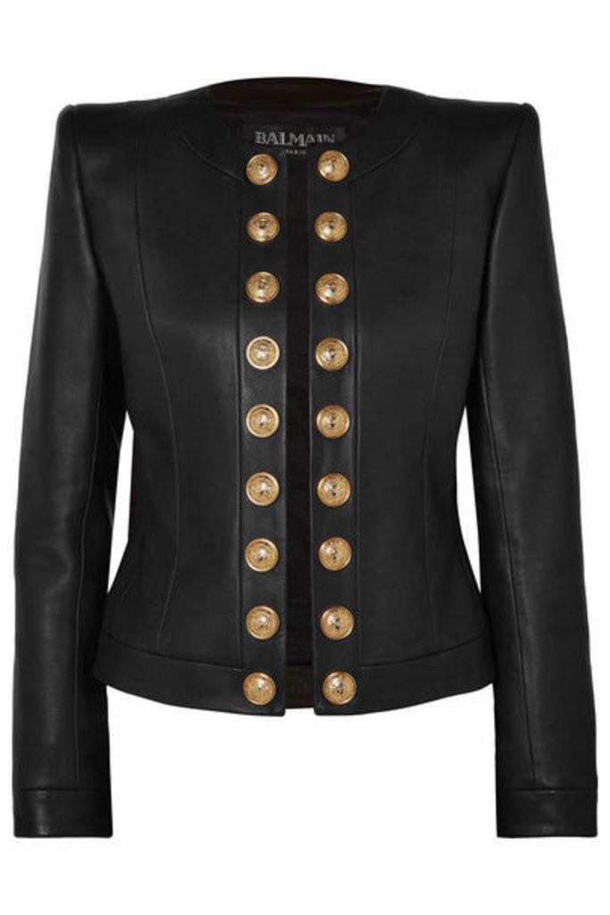 Balmain - Button-embellished Collarless Leather Blazer - Black