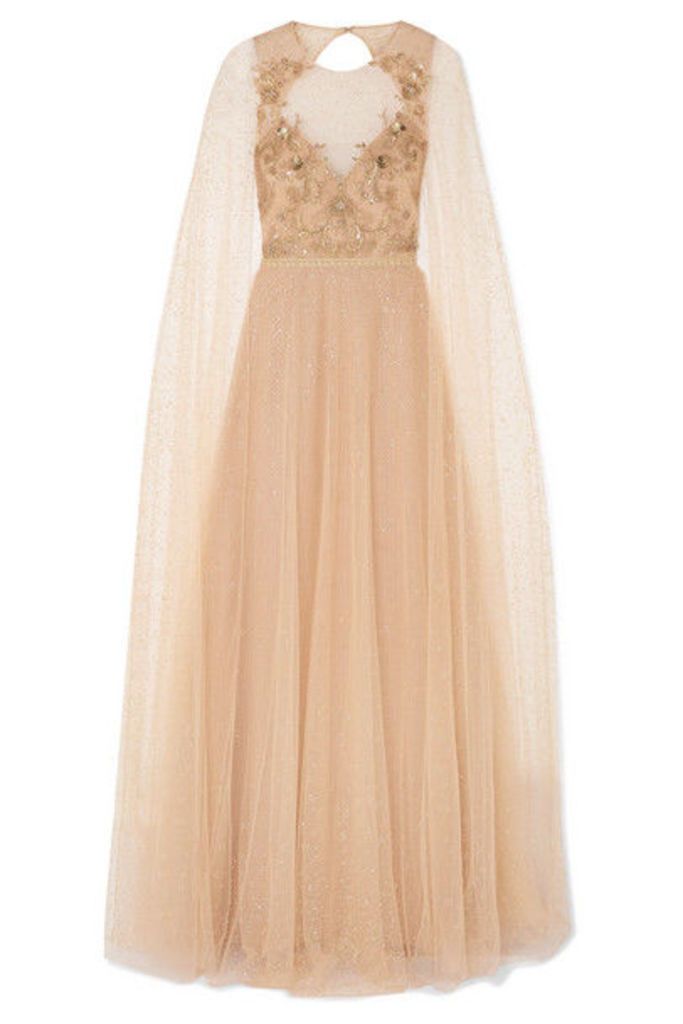 Marchesa Notte - Cape-effect Embellished Glittered Tulle Gown - Blush