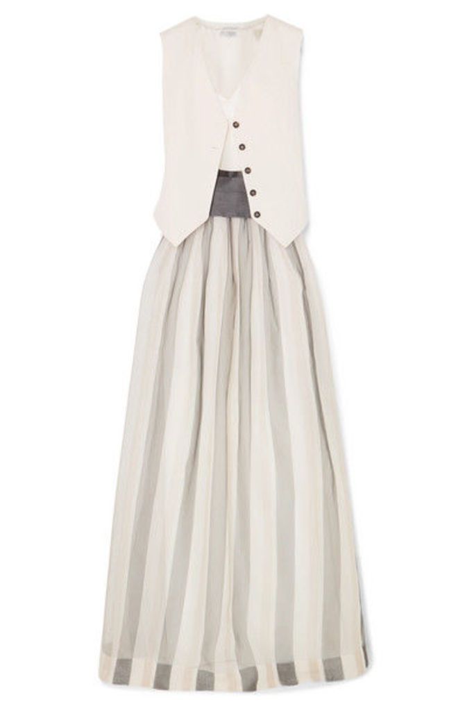 Brunello Cucinelli - Belted Striped Herringbone Cotton And Linen-blend, Silk-blend Satin And Organza Maxi Dress - White