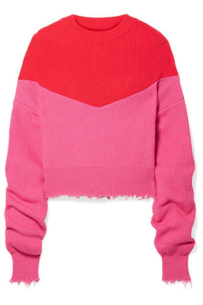 Unravel Project - Distressed Ribbed Two-tone Cotton And Cashmere-blend Sweater - Fuchsia
