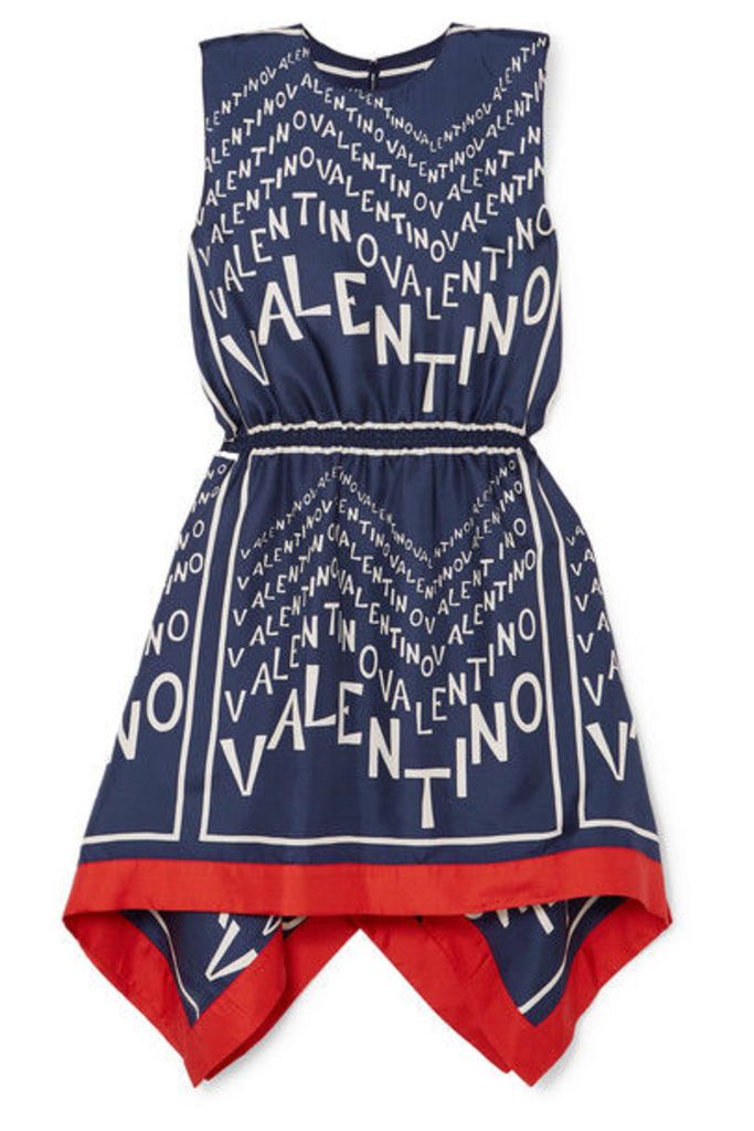 Valentino - Asymmetric Printed Silk-twill Mini Dress - Navy