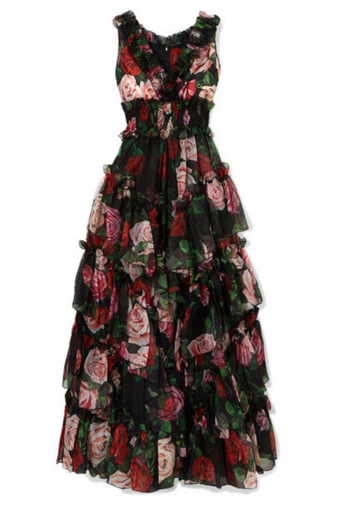 Dolce & Gabbana - Ruffled Tiered Floral-print Silk-chiffon Gown - Black