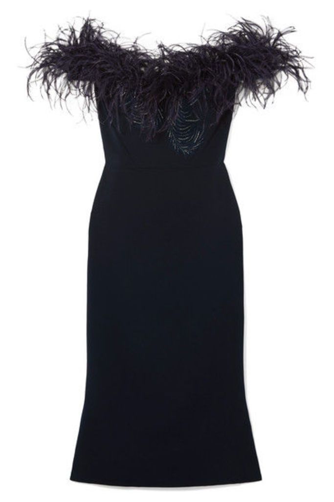 Marchesa - Off-the-shoulder Feather-trimmed Sequined Cady Midi Dress - Midnight blue