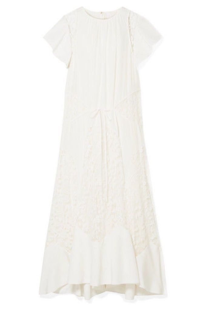 Chloé - Asymmetric Lace-paneled Silk Crepe De Chine Midi Dress - Ivory