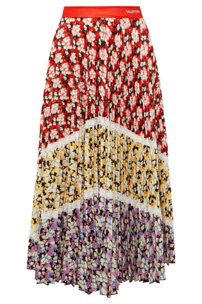 Valentino - Lace-trimmed Pleated Floral-print Crepe Midi Skirt - Red
