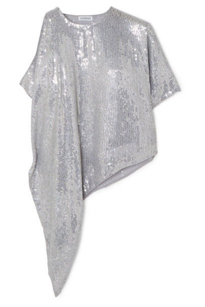 Ashish - Asymmetric Sequined Georgette Top - Silver